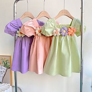 Kids Girls' Dress Solid Color Dress Party Crew Neck Short Sleeve Daily Dress 3-7 Years Summer Light Green Pink Purple Lightinthebox