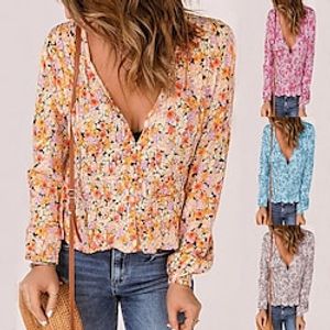 Women's Tops Casual Woven Floral Long-Sleeved Top New Autumn And Winter Printing Waist Pleated Long-Sleeved  Blouse Shirt Lightinthebox