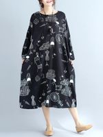 Loose Print Pockets Long Sleeve O-Neck Dress