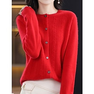 Women's Cardigan Sweater Jacket Crew Neck Ribbed Knit Polyester Button Knitted Fall Winter Regular Outdoor Daily Going out Fashion Streetwear Casual Long Sleeve Solid Color White Pink Red S M L miniinthebox