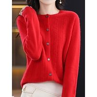 Women's Cardigan Sweater Jacket Crew Neck Ribbed Knit Polyester Button Knitted Fall Winter Regular Outdoor Daily Going out Fashion Streetwear Casual Long Sleeve Solid Color White Pink Red S M L miniinthebox - thumbnail