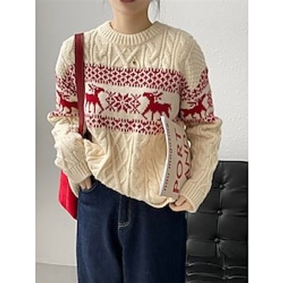 Women's Ugly Christmas Sweater Pullover Sweater Jumper Christmas Sweaters Crew Neck Cable Knit Acrylic Knitted Fall Winter Regular Outdoor Christmas Daily Fashion Casual Soft Long Sleeve Elk Snowflake miniinthebox