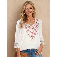 Women's Summer Tops Blouse Embroidered White 3/4 Length Sleeve V Neck Summer Lightinthebox