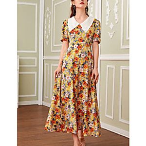 Women's A Line Dress Maxi long Dress Yellow Short Sleeve Print Color Block Patchwork Print Fall Summer Shirt Collar Elegant Casual 2021 S M L XL miniinthebox