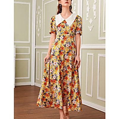 Women's A Line Dress Maxi long Dress Yellow Short Sleeve Print Color Block Patchwork Print Fall Summer Shirt Collar Elegant Casual 2021 S M L XL miniinthebox