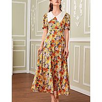 Women's A Line Dress Maxi long Dress Yellow Short Sleeve Print Color Block Patchwork Print Fall Summer Shirt Collar Elegant Casual 2021 S M L XL miniinthebox - thumbnail