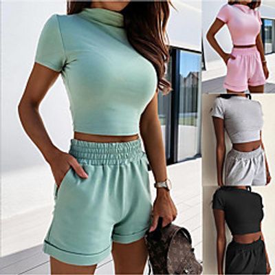 Women's 2 Piece High Waist Pocket Fashion High Neck Spandex Solid Color Sport Athleisure Clothing Suit Short Sleeves Breathable Soft Yoga Running Everyday Use Walking Casual Daily Outdoor  Summer Lightinthebox