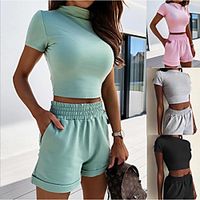 Women's 2 Piece High Waist Pocket Fashion High Neck Spandex Solid Color Sport Athleisure Clothing Suit Short Sleeves Breathable Soft Yoga Running Everyday Use Walking Casual Daily Outdoor  Summer Lightinthebox - thumbnail