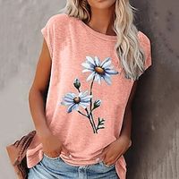 Women's T shirt Tee Blouse Black White Pink Floral Print Short Sleeve Casual Holiday Basic Round Neck Regular Floral S miniinthebox - thumbnail