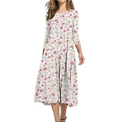 Women's Shift Dress Midi Dress White 3/4 Length Sleeve Floral Ruched Print Fall Spring Round Neck Casual Vacation 2022 S M L XL XXL 3XL miniinthebox
