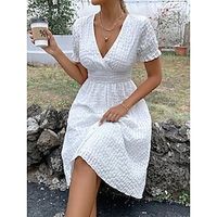 Women's Swing Dress White Dress Plain Dress Long Dress Maxi Dress Patchwork Button Work Date Beach Hawaiian Boho V Neck Short Sleeve Regular Fit White Color S M L XL XXL Size Lightinthebox