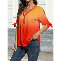 Women's T shirt Tee Color Gradient Red Print Short Sleeve Daily Going out Fashion V Neck Regular Fit Summer Lightinthebox - thumbnail
