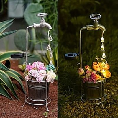 Solar Faucet Garden Stake with LED Lights Planter and Flowing Drip Metal Faucet Yard Lights Shower Garden Art Light Waterproof for Outdoor Lawn Garden Decorations (No Flowers) Lightinthebox