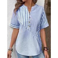 Women's Shirt Blouse Striped Daily Button Print Pink Short Sleeve Casual V Neck Summer Lightinthebox