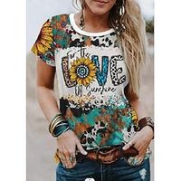 Women's T shirt Tee Black Yellow Green Graphic Sunflower Print Short Sleeve Holiday Weekend Basic Round Neck Regular Painting S Lightinthebox