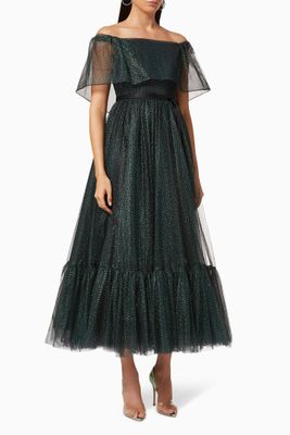 Off-shoulder Dress in Metallic Tulle Off-shoulder Dress in Metallic Tulle