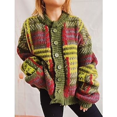 Women's Cardigan Sweater Jacket Open Front Crew Neck Chunky Knit Polyester Button Knitted Spring Fall Winter Regular Home Work Daily Fashion Daily Vintage Style Long Sleeve Color Block Blue Green S M miniinthebox