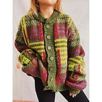 Women's Cardigan Sweater Jacket Open Front Crew Neck Chunky Knit Polyester Button Knitted Spring Fall Winter Regular Home Work Daily Fashion Daily Vintage Style Long Sleeve Color Block Blue Green S M miniinthebox - thumbnail