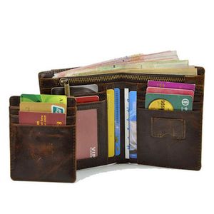 Retro Men Genuine Leather Zipper Wallet Card Holders Photo Slots Purse Portable Short Bag