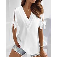 Shirt Blouse Women's White Plain Beaded Cut Out Street Daily Fashion V Neck Regular Fit S Lightinthebox