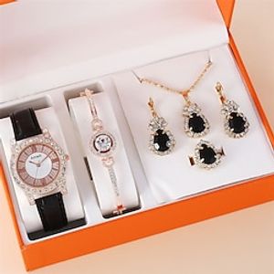 5pcs Set Women Watches Leather Band Watch Casual Womens Analog WristWatch Bracelet Pendants Earrings Gift Set with Box miniinthebox