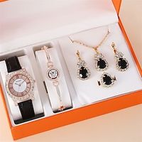 5pcs Set Women Watches Leather Band Watch Casual Womens Analog WristWatch Bracelet Pendants Earrings Gift Set with Box miniinthebox - thumbnail