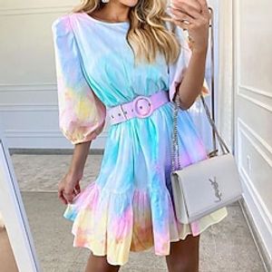 Women's A Line Dress Short Mini Dress Light Blue Long Sleeve Tie Dye Ruffle With Belt Print Fall Spring Crew Neck Stylish Casual Loose 2022 S M L XL miniinthebox