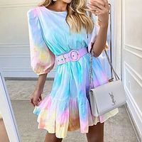 Women's A Line Dress Short Mini Dress Light Blue Long Sleeve Tie Dye Ruffle With Belt Print Fall Spring Crew Neck Stylish Casual Loose 2022 S M L XL miniinthebox - thumbnail