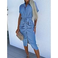 Women's Denim Dress Shirt Dress Casual Dress Midi Dress Lace up Ruched Street Date Vacation Streetwear Shirt Collar Short Sleeve Loose Fit Blue Color S M L XL Size Lightinthebox - thumbnail