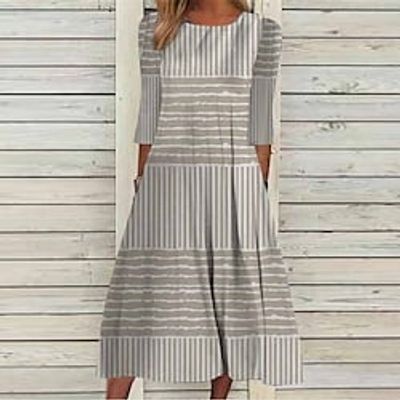 Women's Casual Dress Shift Dress Swing Dress Midi Dress Grey 3/4 Length Sleeve Striped Ruched Winter Fall Spring Crew Neck Fashion Daily 2022 S M L XL XXL 3XL miniinthebox