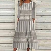 Women's Casual Dress Shift Dress Swing Dress Midi Dress Grey 3/4 Length Sleeve Striped Ruched Winter Fall Spring Crew Neck Fashion Daily 2022 S M L XL XXL 3XL miniinthebox - thumbnail