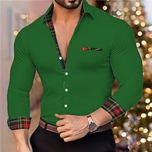 Men's Shirt Button Up Shirt Casual Shirt Black White Red Green Long Sleeve Plaid Lapel Christmas Xmas Patchwork Clothing Apparel Fashion Casual Comfortable Lightinthebox