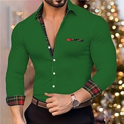 Men's Shirt Button Up Shirt Casual Shirt Black White Red Green Long Sleeve Plaid Lapel Christmas Xmas Patchwork Clothing Apparel Fashion Casual Comfortable Lightinthebox
