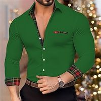 Men's Shirt Button Up Shirt Casual Shirt Black White Red Green Long Sleeve Plaid Lapel Christmas Xmas Patchwork Clothing Apparel Fashion Casual Comfortable Lightinthebox - thumbnail