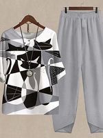 Printed 3/4 Sleeves Round Neck Tops With Pants Casual Sets