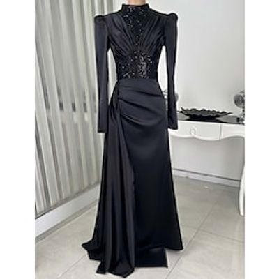 A-Line Evening Gown Elegant Dress Black Dress Formal Sweep  Brush Train Long Sleeve High Neck Satin with Glitter Ruched 2023 Lightinthebox