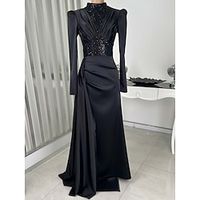 A-Line Evening Gown Elegant Dress Black Dress Formal Sweep  Brush Train Long Sleeve High Neck Satin with Glitter Ruched 2023 Lightinthebox - thumbnail