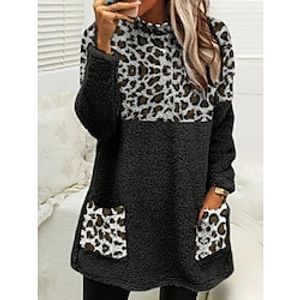 Women's Sweatshirt Pullover Fleece Teddy Fuzzy Pocket Print Black Gray Leopard Loose Fit Casual Sports Hoodie Long Sleeve Top Micro-elastic Fall  Winter Lightinthebox