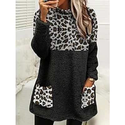 Women's Sweatshirt Pullover Fleece Teddy Fuzzy Pocket Print Black Gray Leopard Loose Fit Casual Sports Hoodie Long Sleeve Top Micro-elastic Fall  Winter Lightinthebox