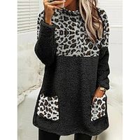 Women's Sweatshirt Pullover Fleece Teddy Fuzzy Pocket Print Black Gray Leopard Loose Fit Casual Sports Hoodie Long Sleeve Top Micro-elastic Fall  Winter Lightinthebox - thumbnail