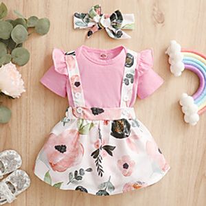 3-Piece Baby Girls' Active Floral Print Short Sleeve Regular Clothing Set Blushing Pink miniinthebox
