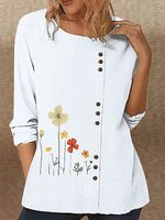 Round Neck Casual Loose Floral Print Long Sleeve Blouse