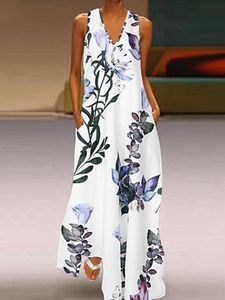V Neck Decorative Buttons Floral Printed Maxi Dress