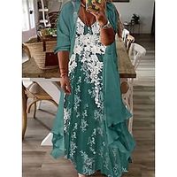 Women's Plus Size Casual Dress Dress Set Two Piece Dress Floral Long Dress Maxi Dress 34 Length Sleeve Print V Neck Fashion Daily Pink Blue Spring Summer L XL XXL 3XL Lightinthebox - thumbnail