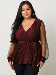 YOINS Plus Size V-neck Belt Design Glitter Wrap Design Long Sleeves Blouse