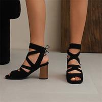 Women's Heels Lace Up Sandals Strappy Sandals Daily Snake Lace-up Chunky Heel Square Toe Vintage Minimalism PU Lace-up Black White Light Pink Lightinthebox