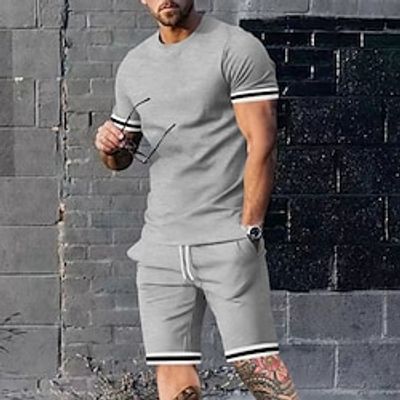 Men's T-shirt Suits Shorts and T Shirt Set 2 Pieces Outfits Color Block Stripes Crew Neck Daily Wear Vacation Short Sleeve 2 Piece Clothing Apparel Fashion Casual Lightinthebox