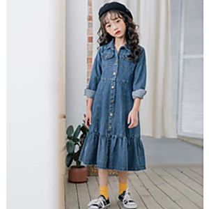 big girls denim dress spring children lapel single-breasted long sleeve dresses old kids falbala cowboy clothing 3-15t a6063 Lightinthebox