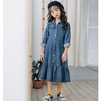 big girls denim dress spring children lapel single-breasted long sleeve dresses old kids falbala cowboy clothing 3-15t a6063 Lightinthebox