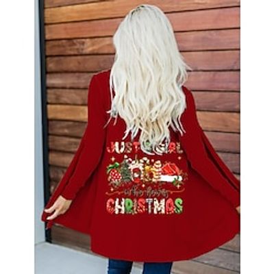 Women's Christmas Jacket Elk Print Open Front Loose Fit Outerwear Long Sleeve Fall Red Party Costume-Just a Girl Who Loves Christmas Lightinthebox